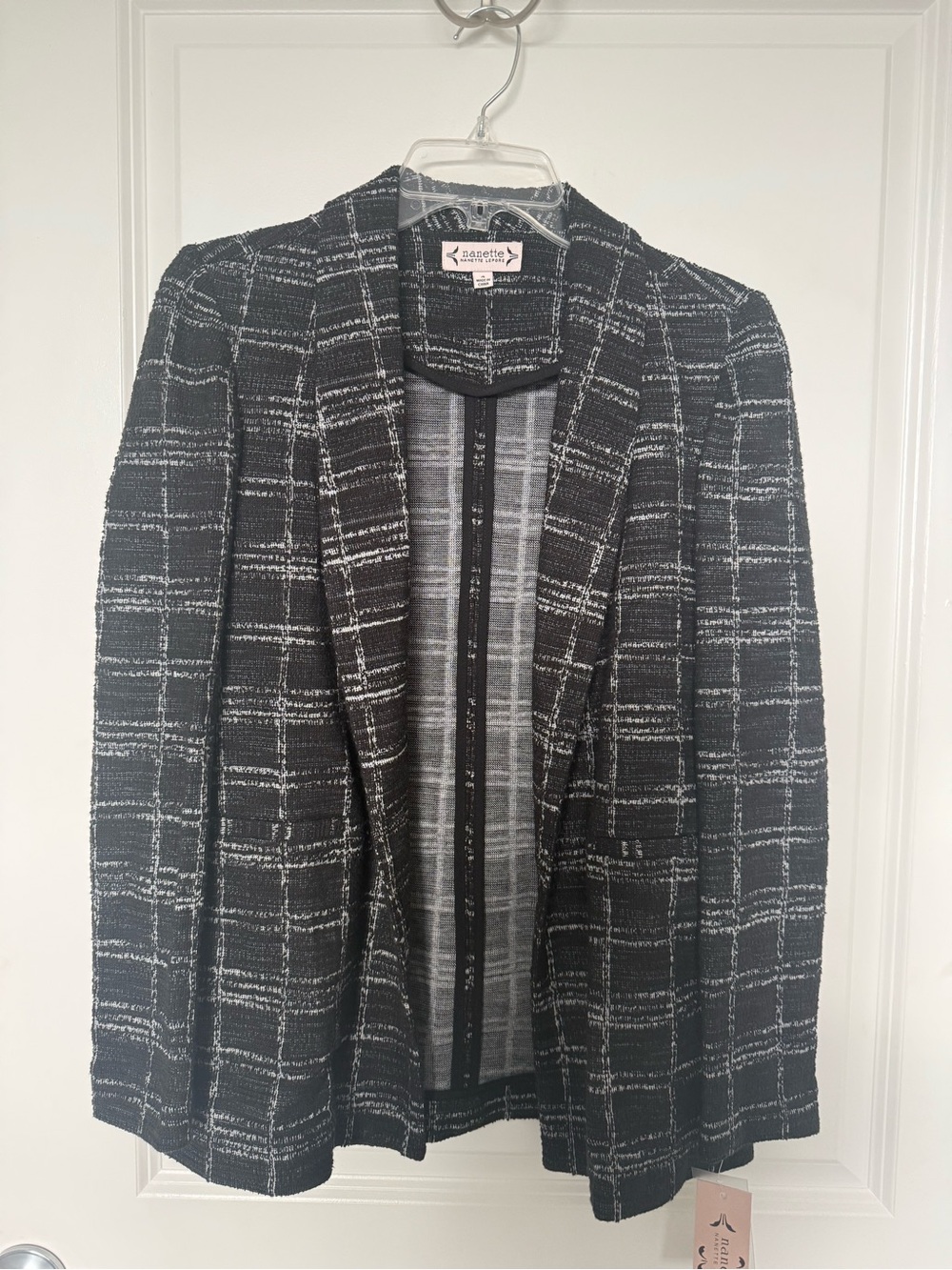 New Nanette Lepore Womens Plaid Blazer Jacket Open Front Pockets SZ 4 BlackWhite